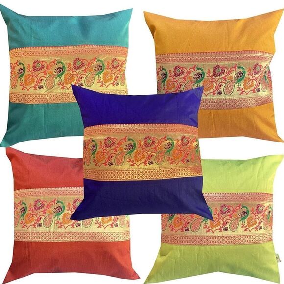 Pink parrot- Jacquard dupian silk multi colour cushion cover 16x16 inch-… - Picture 1 of 4